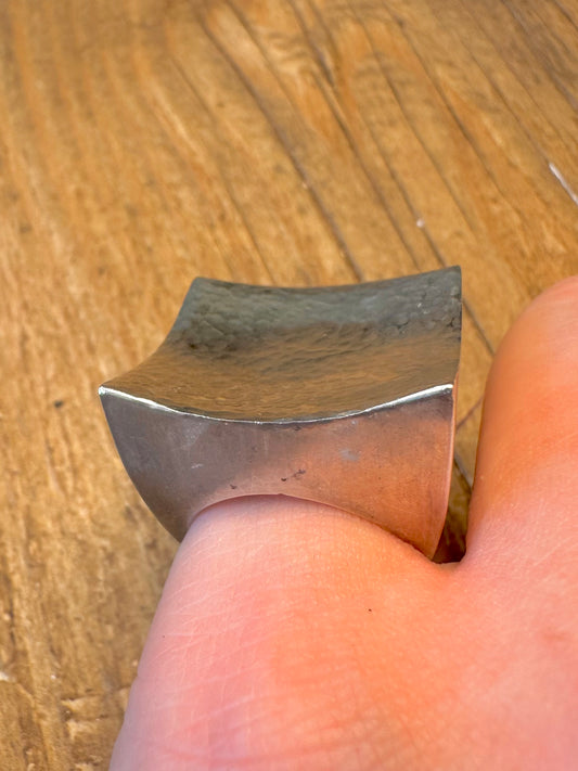 Chunky Heavy Hammered Square Curved Mexico 925 Sterling Silver Size L Ring