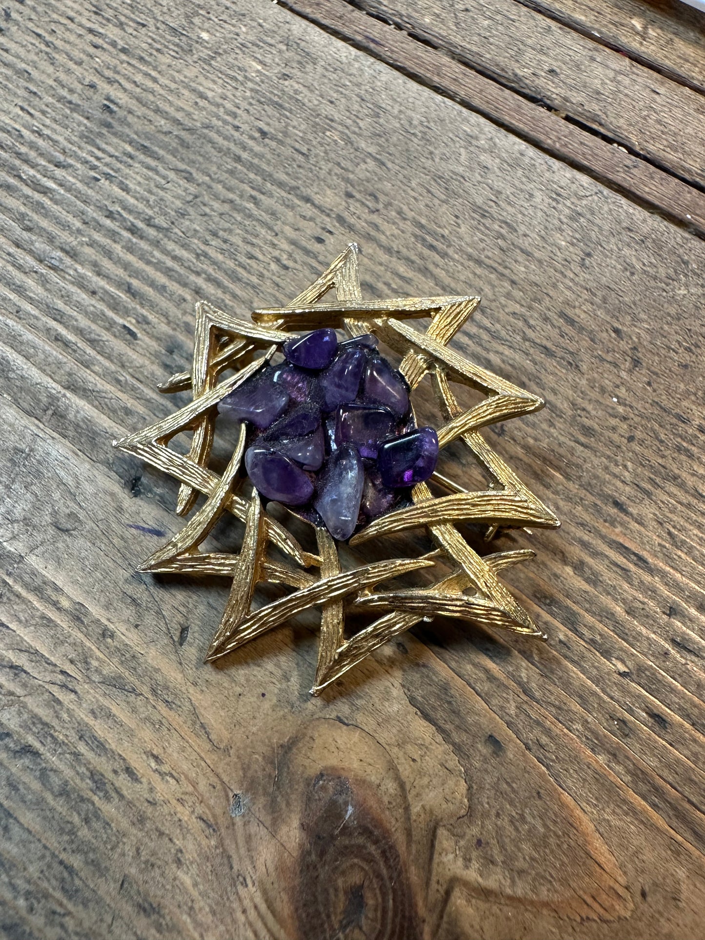 Vintage Amethyst Fusion Gold Costume Brooch