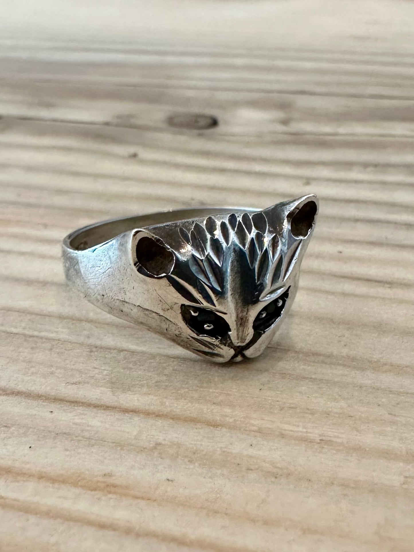 Vintage Cat with Blue Stone Eyes 925 Silver Size P1/2 Ring