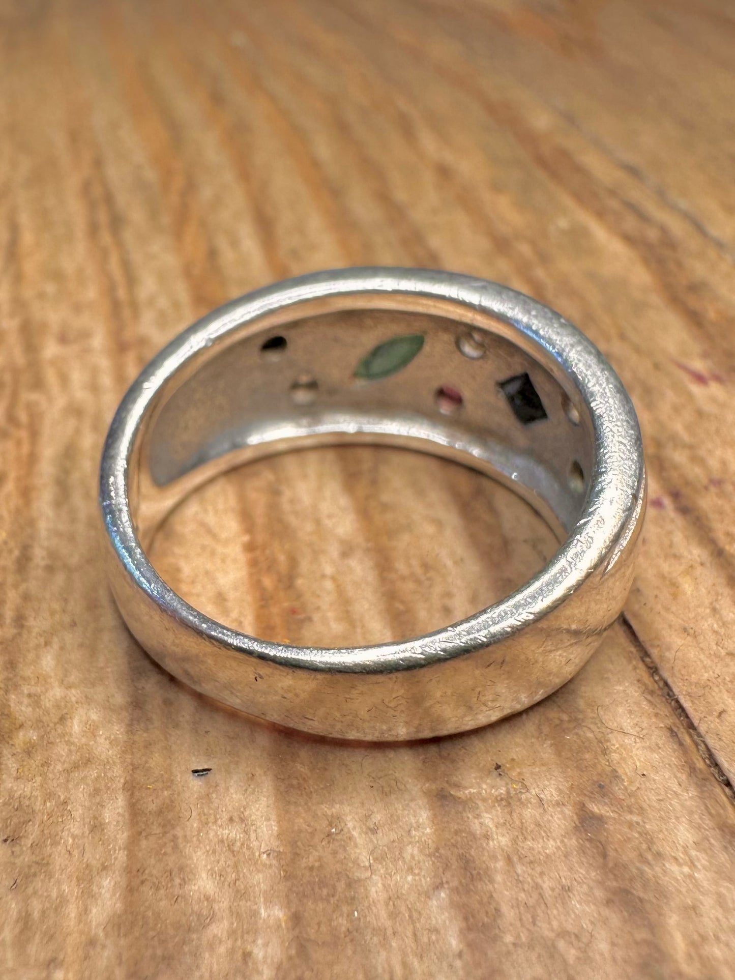 Modernist Multi Gemstone Inlay 925 Sterling Silver Size P Ring