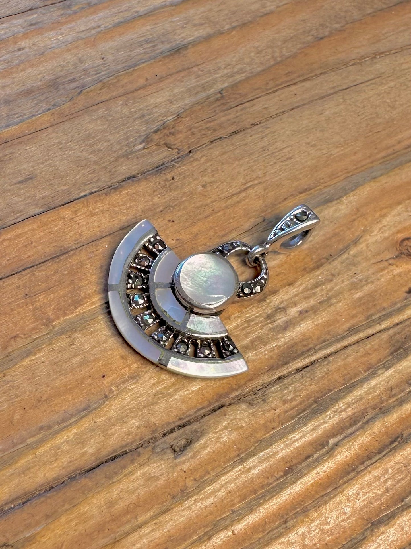 Art Deco Marcasite and Mother of Pearl 925 Sterling Silver Pendant
