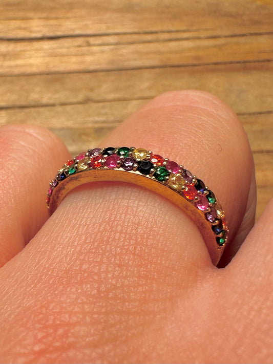 Modern Multi Coloured CZ Gold Tone 925 Sterling Silver Size Q Ring