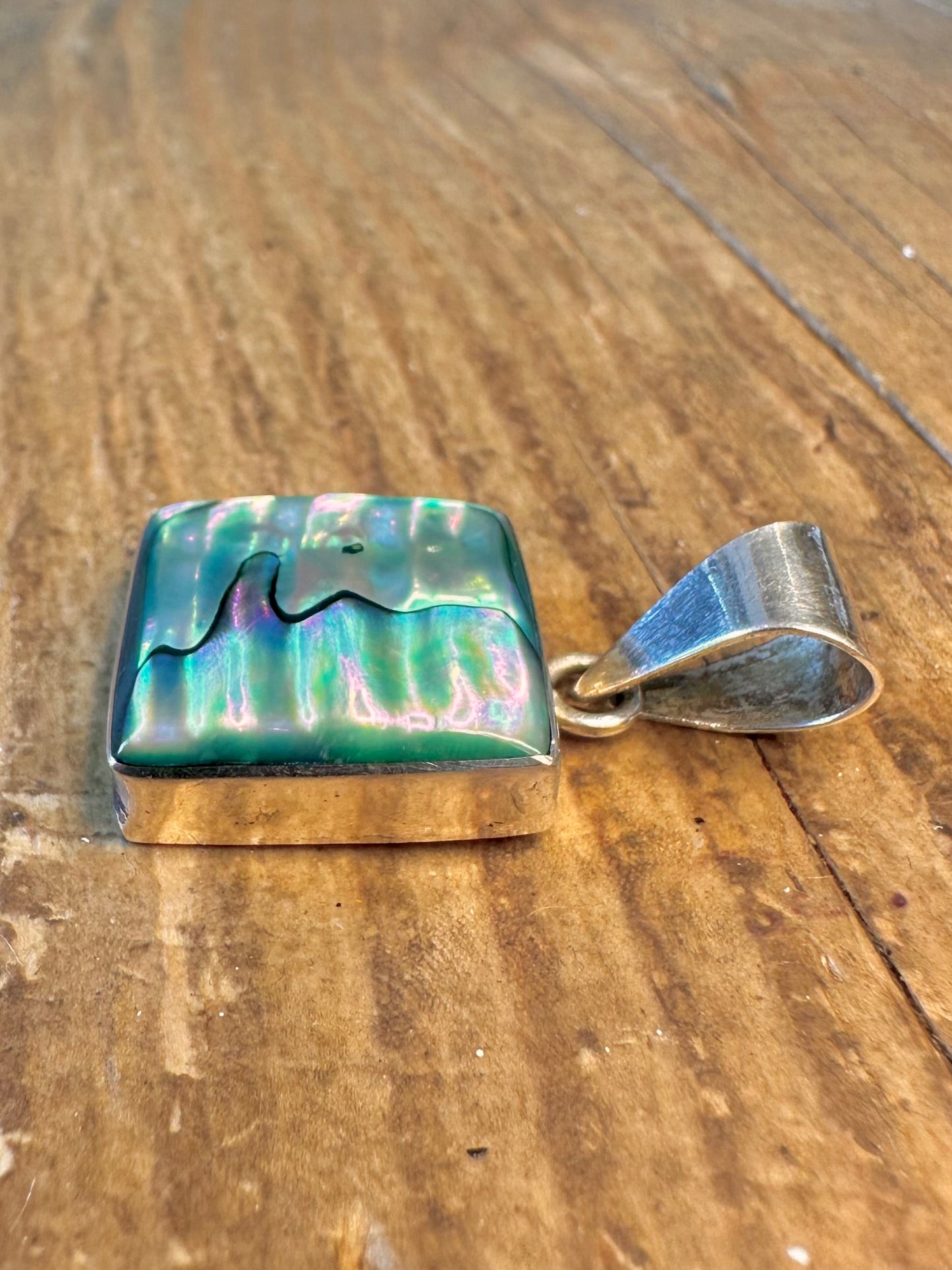 Iridescent Abalone Square Silver Mexico Pendant