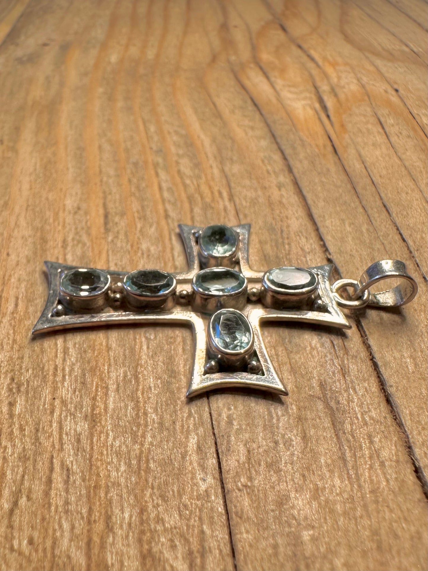 Vintage Cross Blue Topaz 925 Sterling Silver Pendant