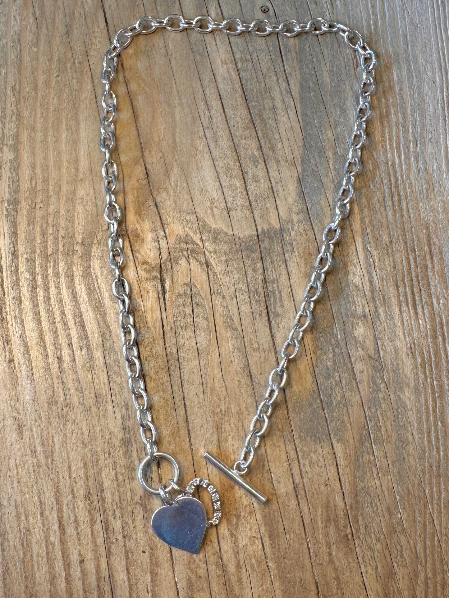 Belcher Heart CZ T Bar Clasp 925 Sterling Silver 17 inch Necklace