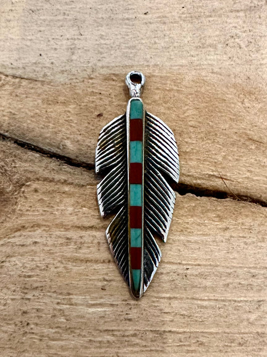 Vintage Navajo Turquoise and Coral Inlay Leaf 925 Silver Pendant