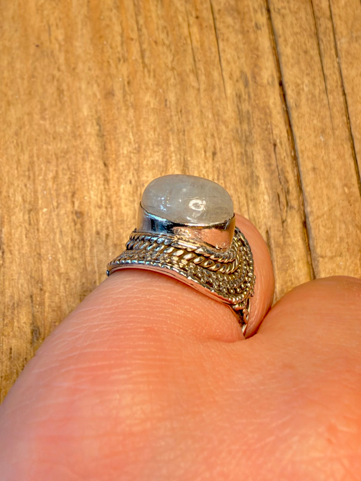 Rainbow Moonstone Braided Textured 925 Sterling Silver Size N Ring