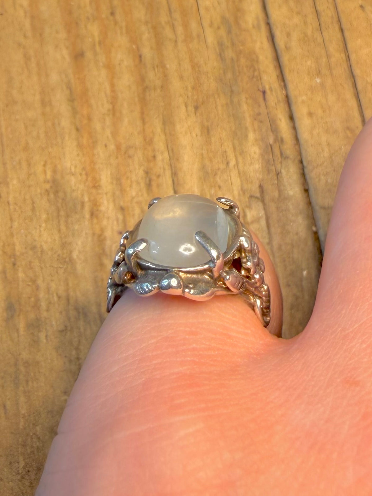 Oval Clear Stone Floral Mount 925 Sterling Silver Size K1/2 Ring