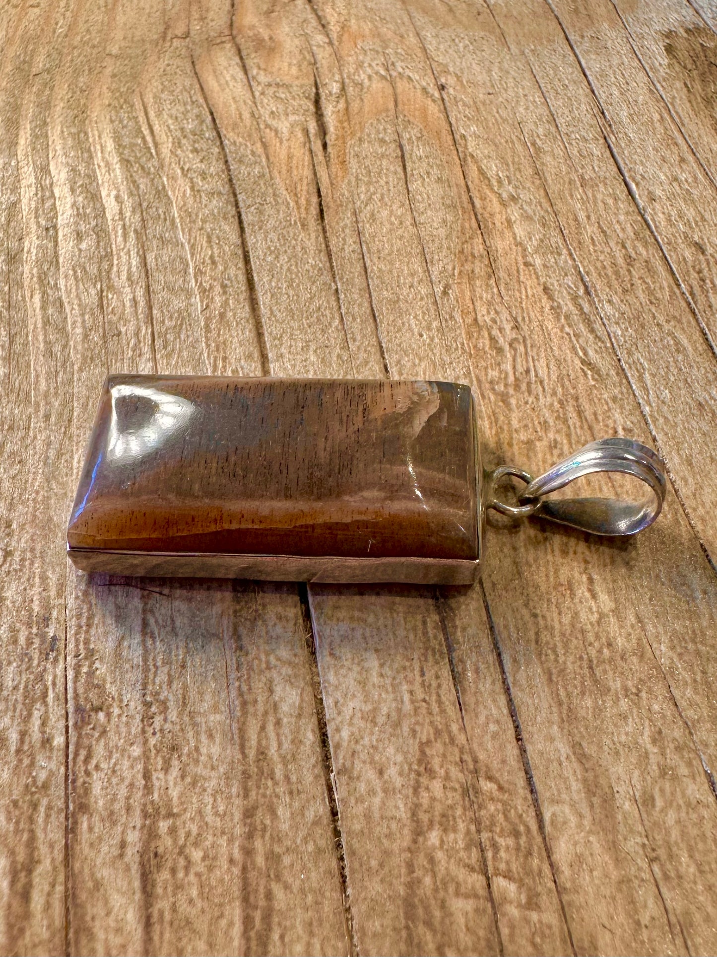 Vintage Brauner Glänzender Rechteckiger 925 Sterling Silber Anhänger