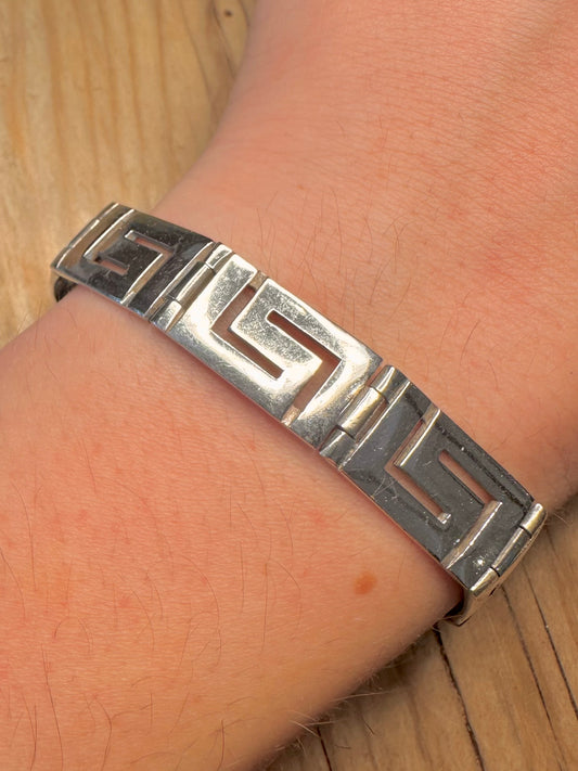 Vintage Large Greek Key 925 Sterling Silver 7.5 inch Bracelet