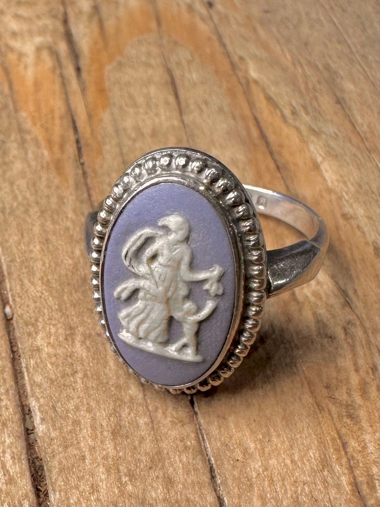 Vintage 1975 Blue Wedgwood Dancing Hours Goddess Motif 925 Sterling Silver Maker JW Size M Ring