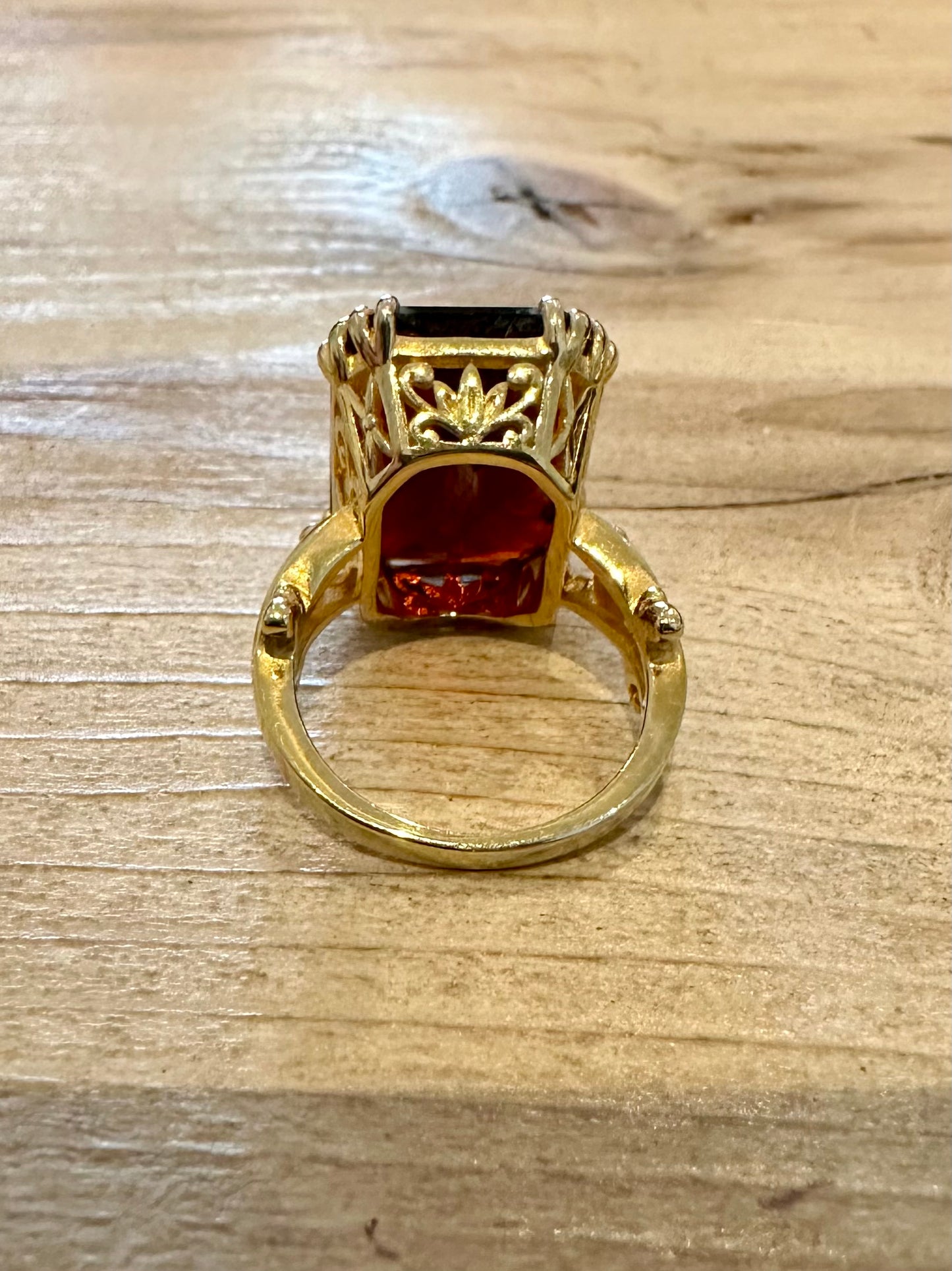 Ornate Large Red Stone Gold on 925 Silver Size J Ring