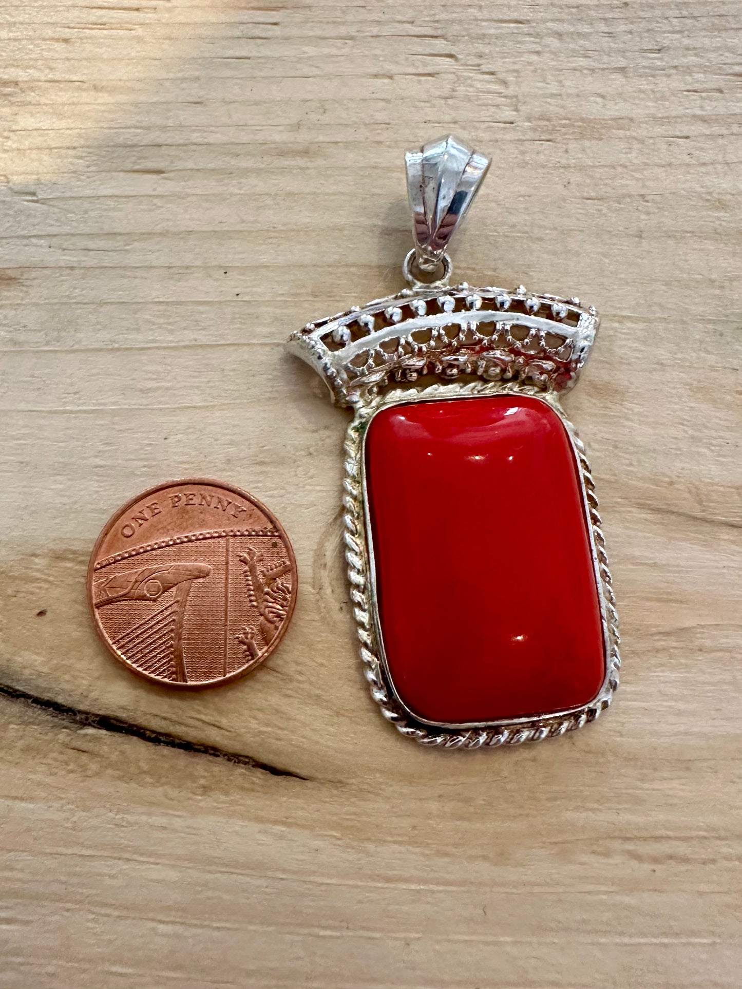 Vintage Large Red Ornate 925 Silver Pendant