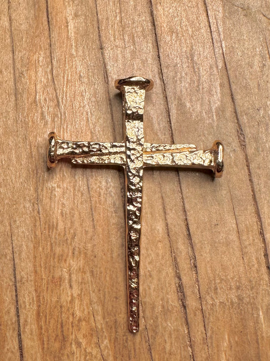 Vintage Textured Nail Cross Gold on 925 Sterling Silver Pendant