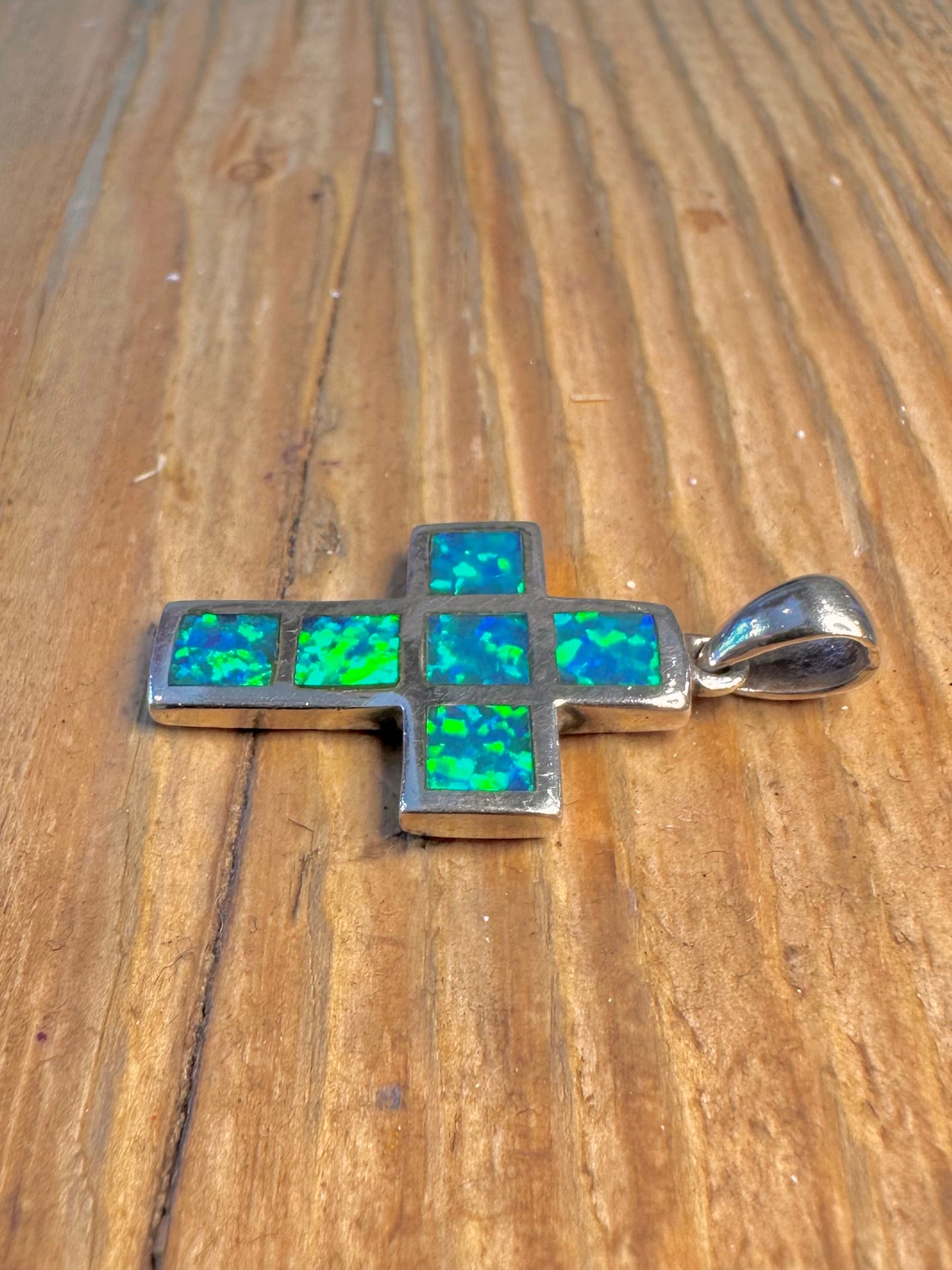 Simulated Blue Opal Cross 925 Sterling Silver Pendant