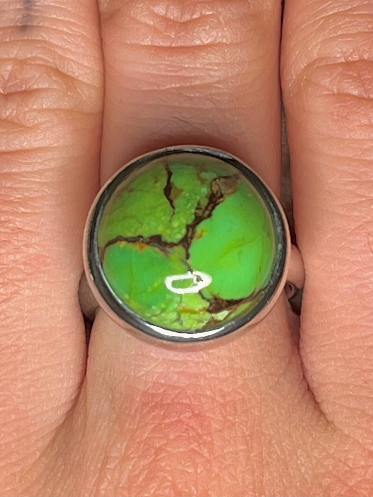 Circular Green Copper Turqoise 925 Sterling Silver Size N Ring