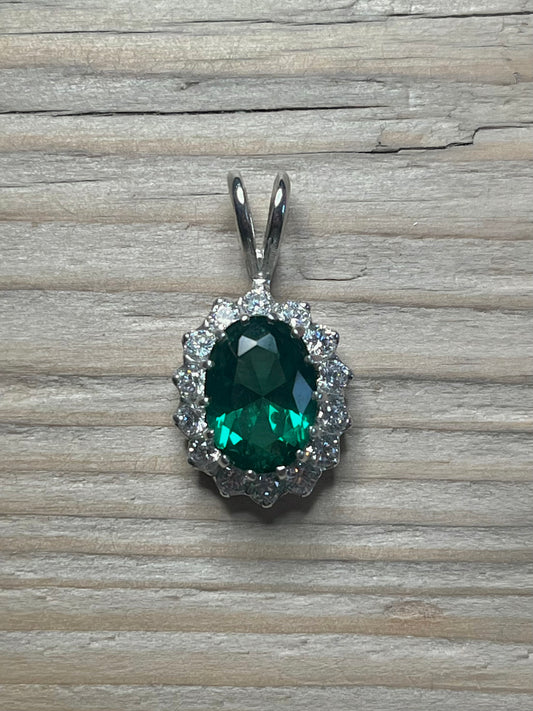 Oval Emerald Coloured Gemstone and White Stone 925 Sterling Silver Pendant