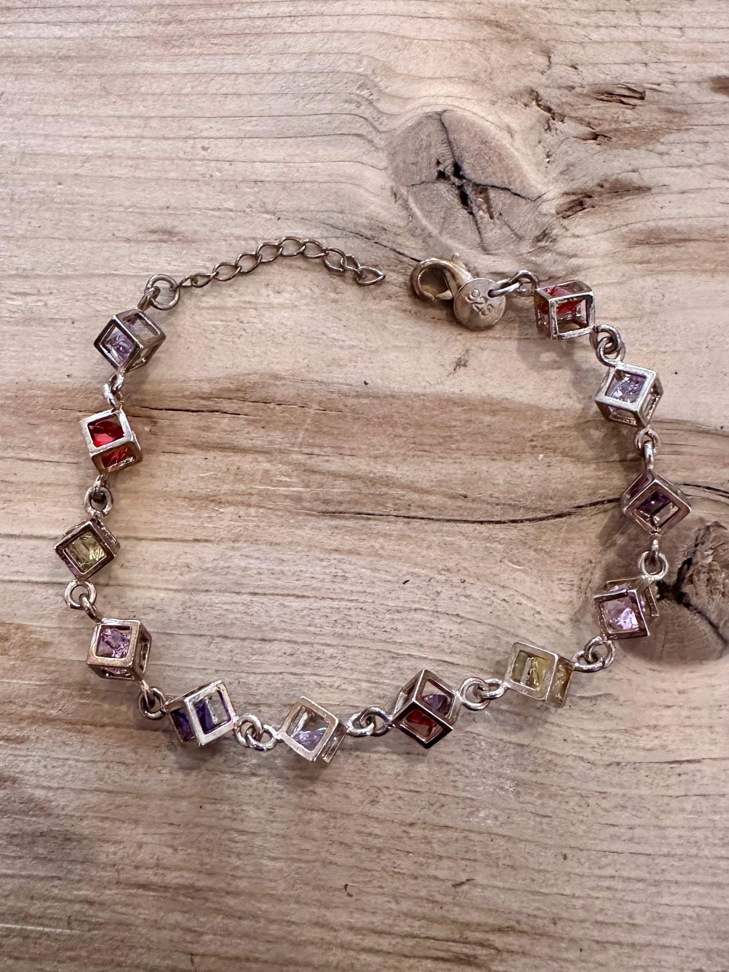 Abstract Square Multi Coloured CZ Gold Coloured 925 Silver 7.5 to 8.8 inch Bracelet