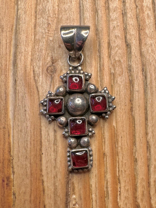 Vintage Garnet Cross 925 Sterling Silver Pendant