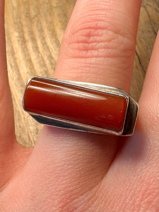 Abstract Carnelian Rectangle Chunky Europe Hallmarked 925 Sterling Silver Size S Ring