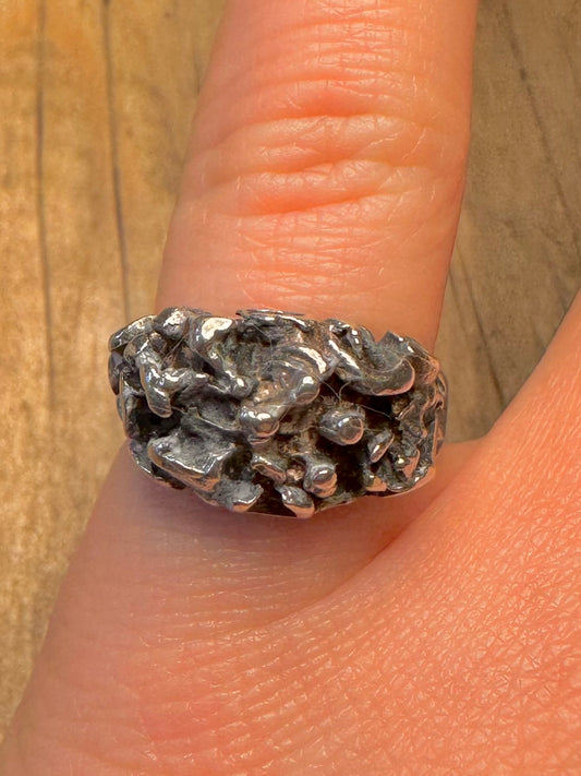 Brutalist Coral Style Textured 925 Sterling Silver Adjustable Size M Ring