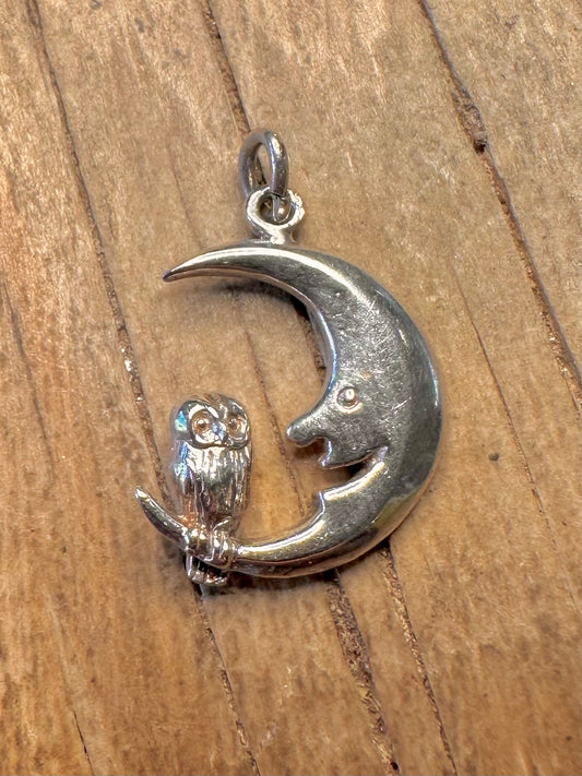 Vintage Moon Face and Owl 925 Sterling Silver Pendant
