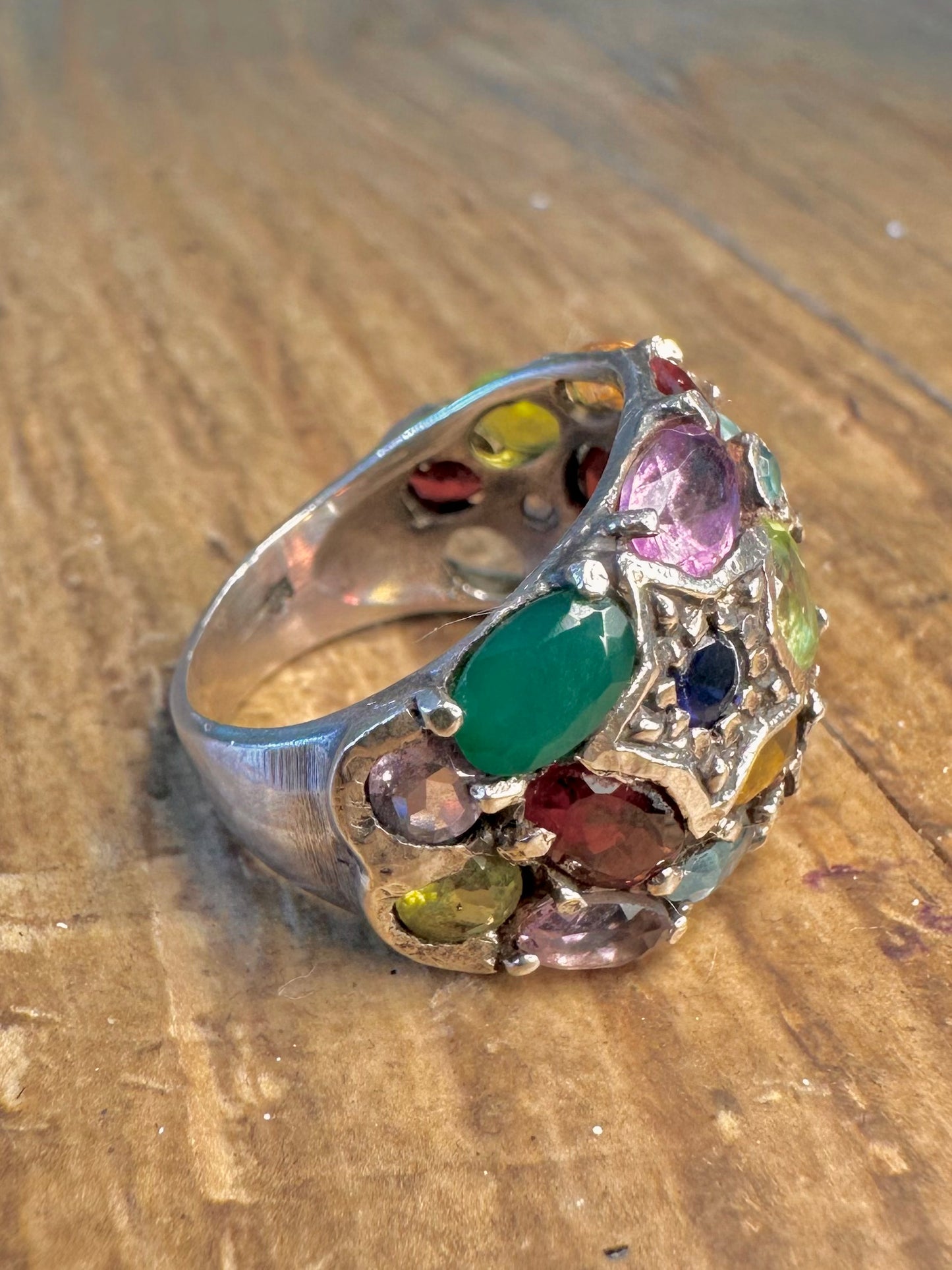 Multi Gemstone Star Dome 925 Sterling Silver Size N Ring