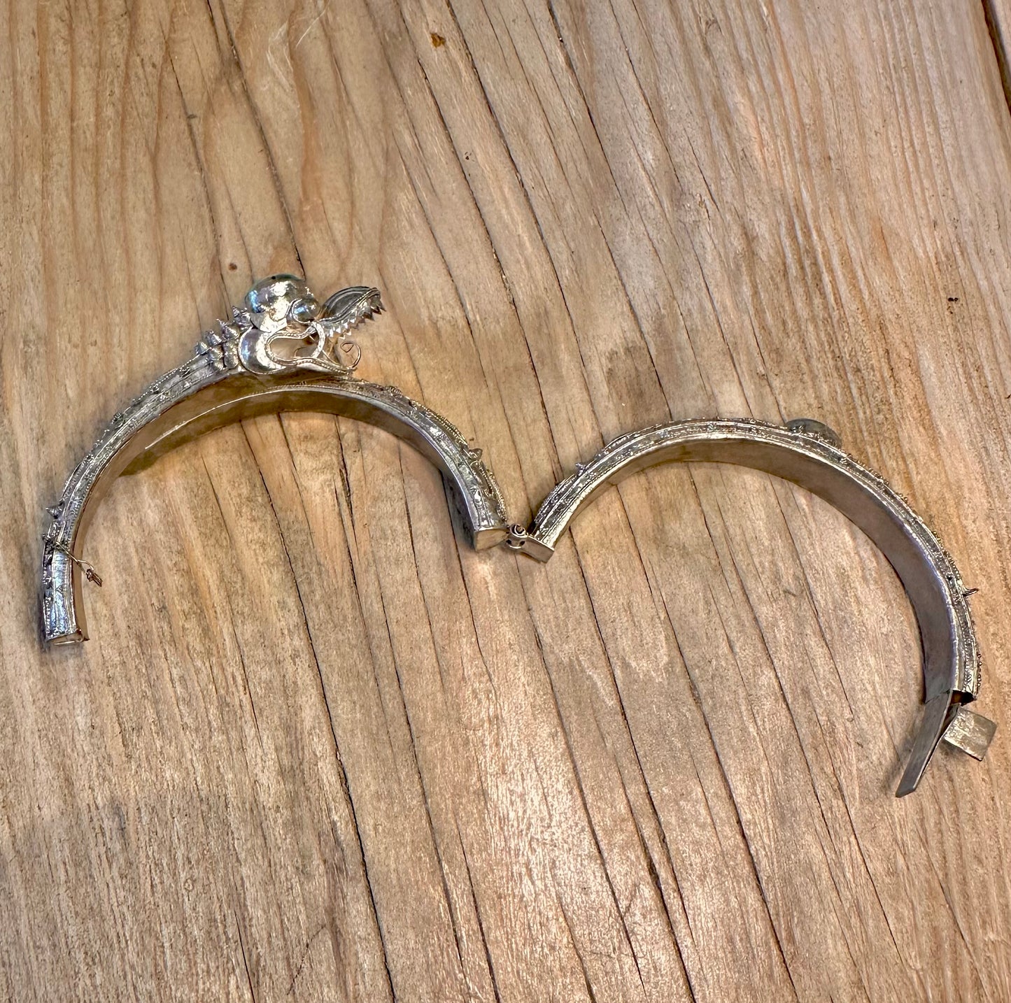 Vintage Dragon Filigree Blue Stone Nepalese Silver Hinged Bangle