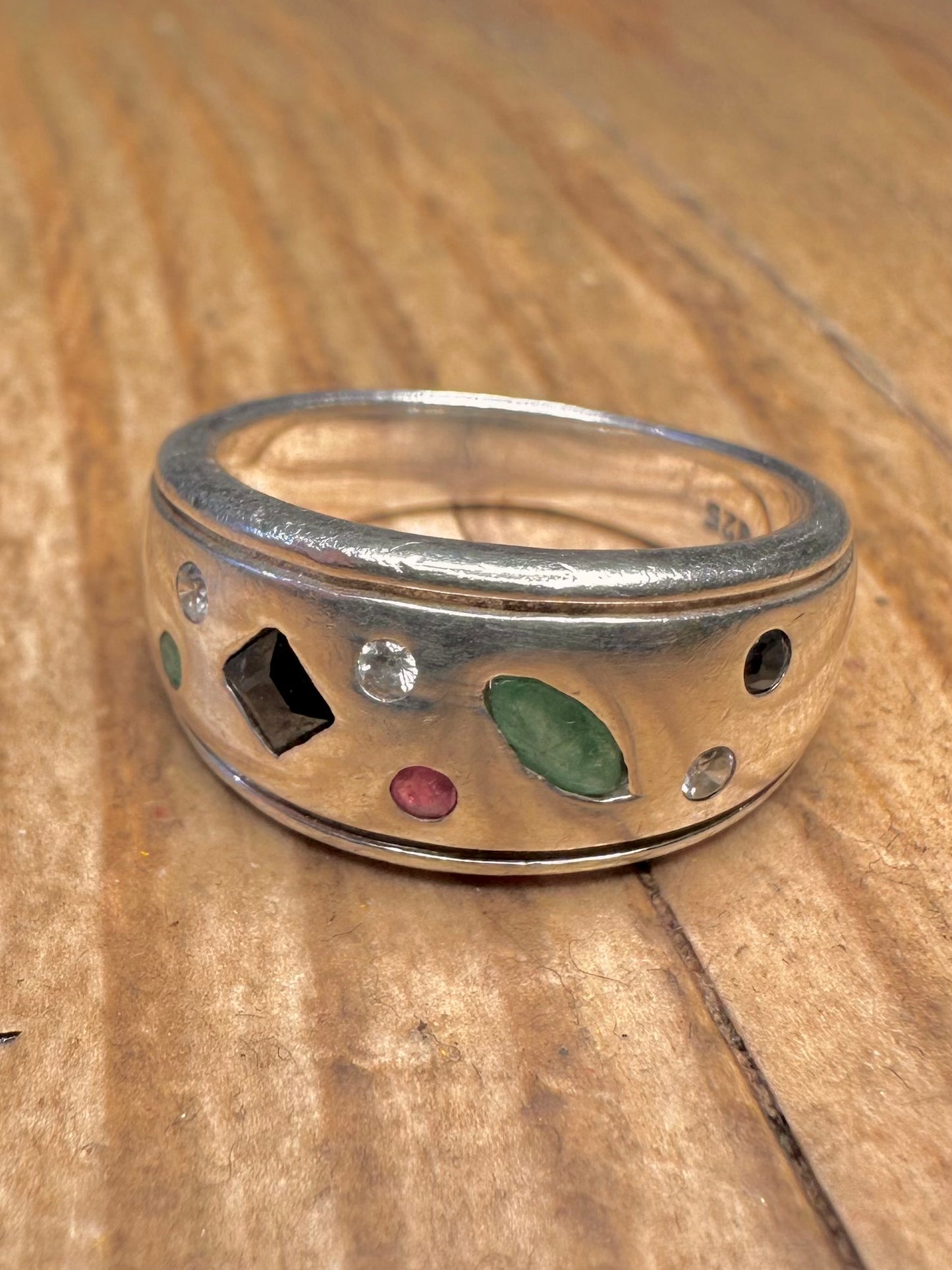 Modernist Multi Gemstone Inlay 925 Sterling Silver Size P Ring