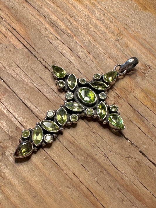 Vintage Peridot Large Cross 925 Sterling Silver Pendant