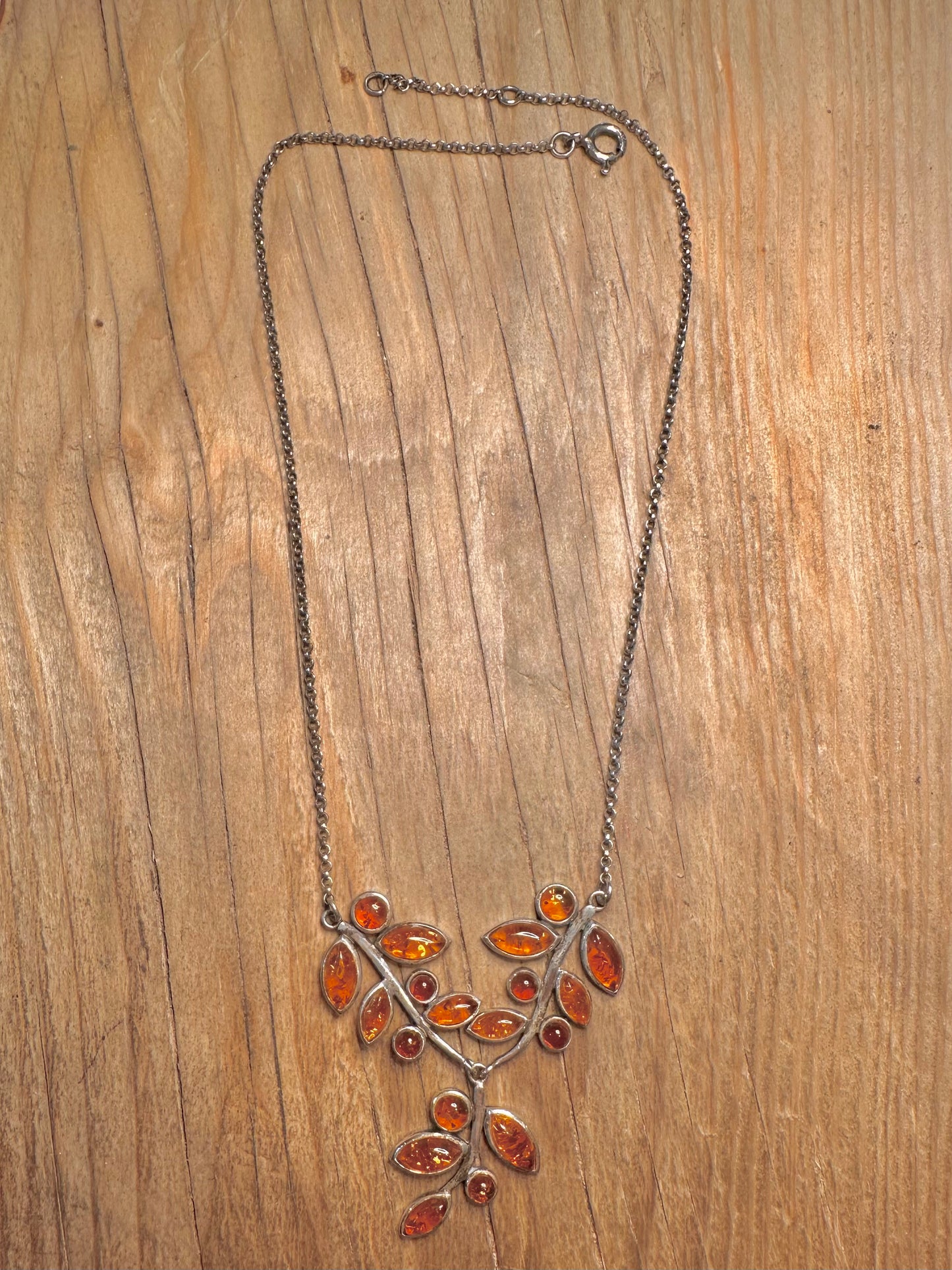 Vintage Amber Leaf Style 925 Sterling Silver 16.2 to 17.2 inch Necklace