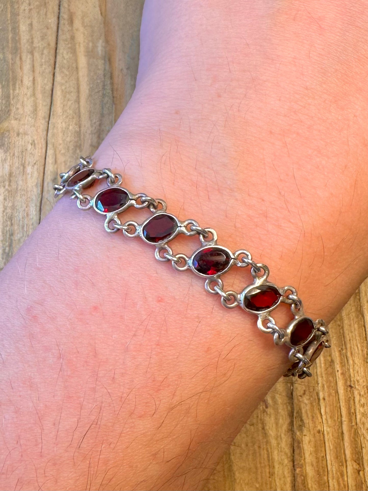 Garnet Red Link 925 Sterling Silver 7.5 inch Bracelet