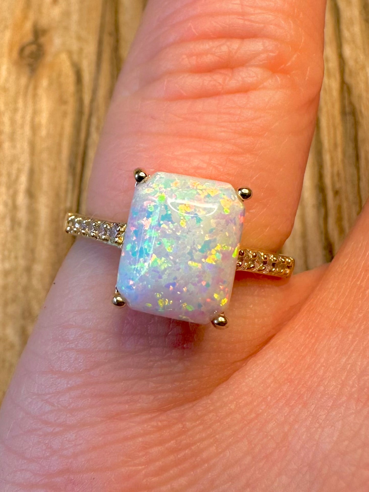 Opal and CZ Gold on 925 Sterling Silver Size L Ring