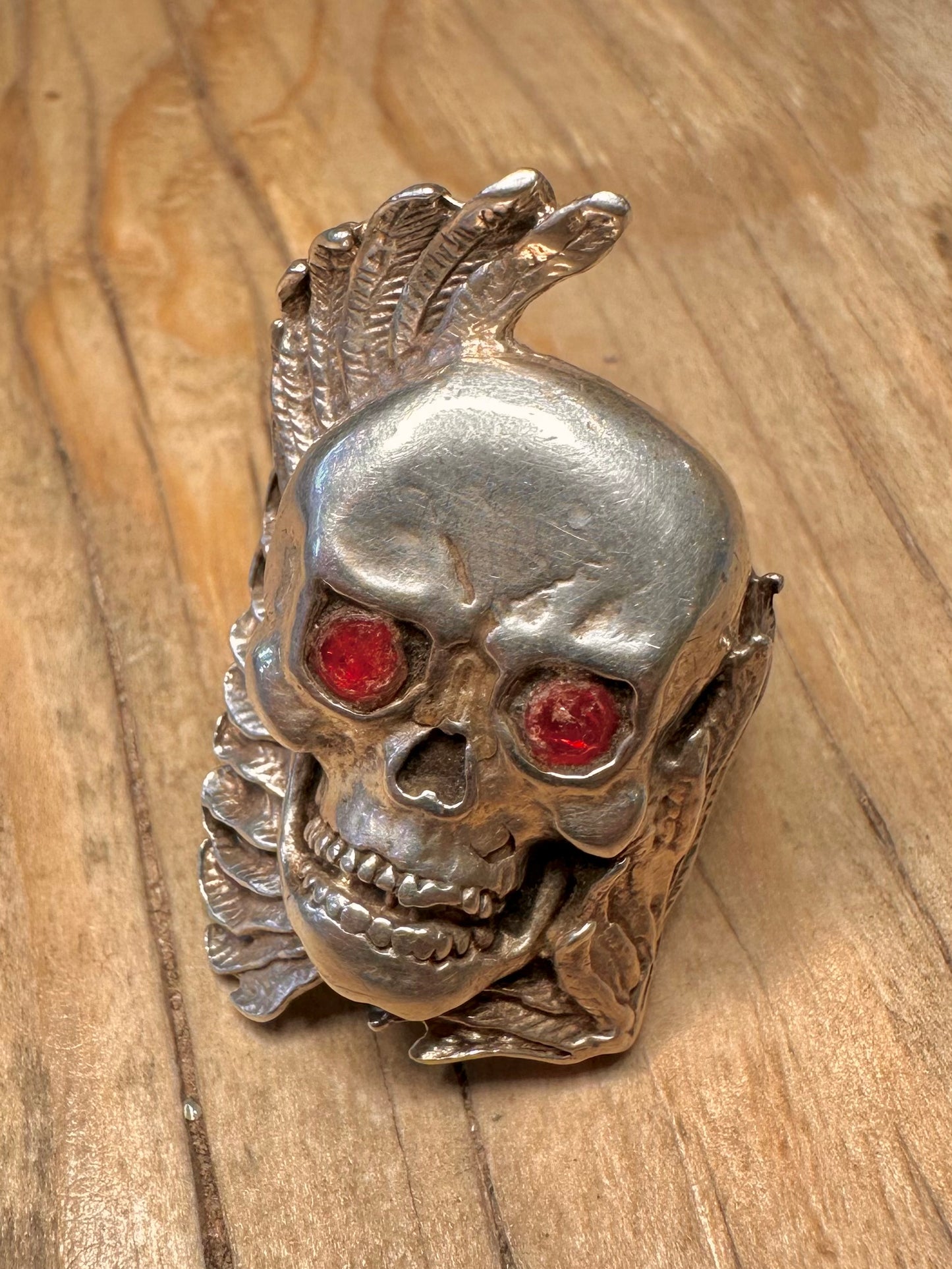 Vintage Large Skull Wing Red Stone Eyes 925 Sterling Silver Size V1/2 Ring
