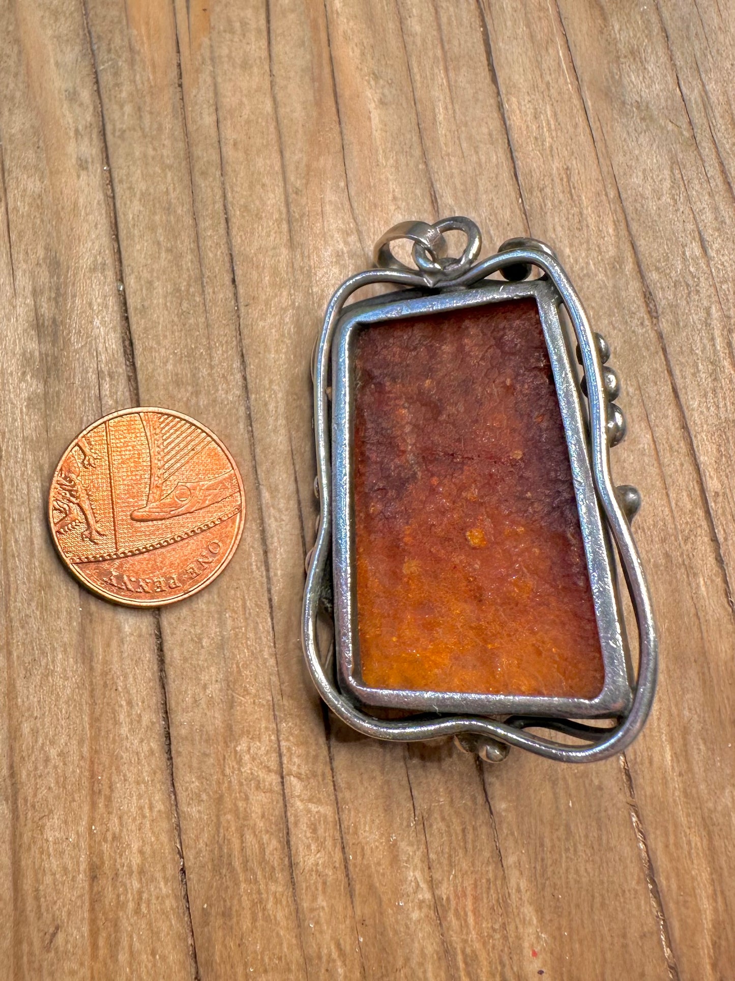 Vintage Large Rectangle Amber 925 Sterling Silver Pendant