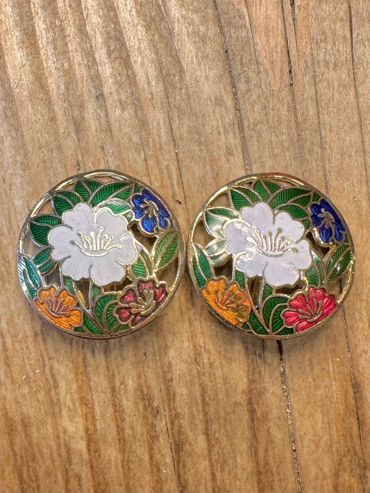 Vintage Cloisonné Enamel Flower Circle Gold Tone Clip On Costume Earrings