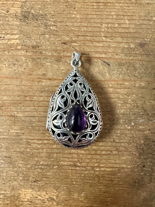 Vintage 1995 Filigree Amethyst Locket with Navy Cushion 925 Silver Pendant