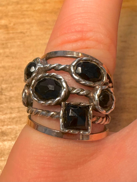 Vintage Black Stone Twisted Layer Gold and 925 Silver Size M1/2 Ring