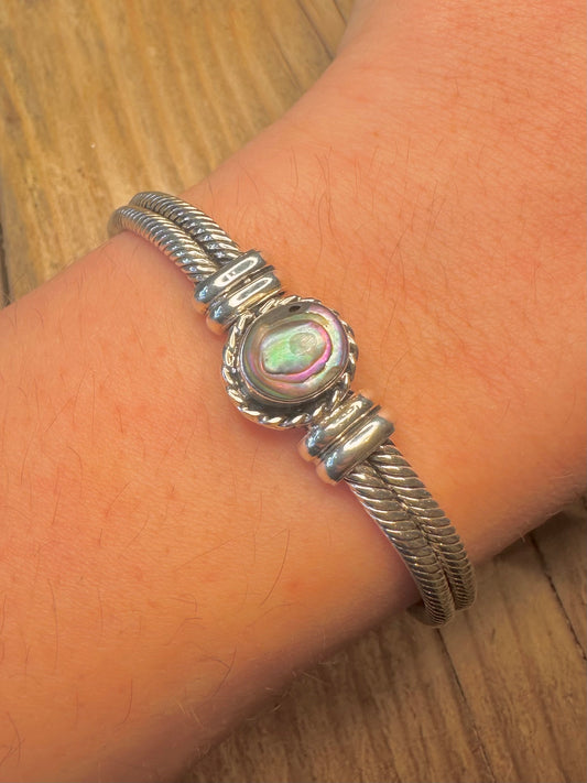 Vintage Abalone Woven Cuff 925 Sterling Silver Bangle