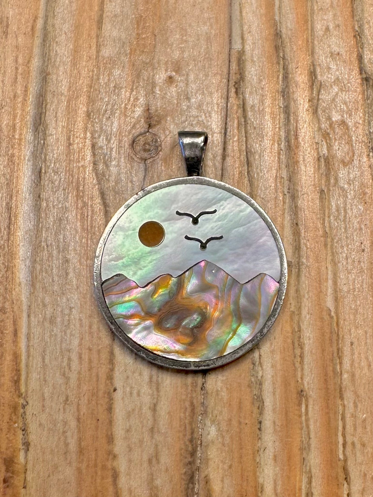 Vintage Mother of Pearl and Abalone Inlay 925 Sterling Silver Pendant