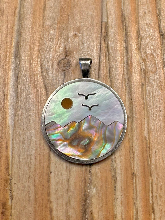 Vintage Mother of Pearl and Abalone Inlay 925 Sterling Silver Pendant