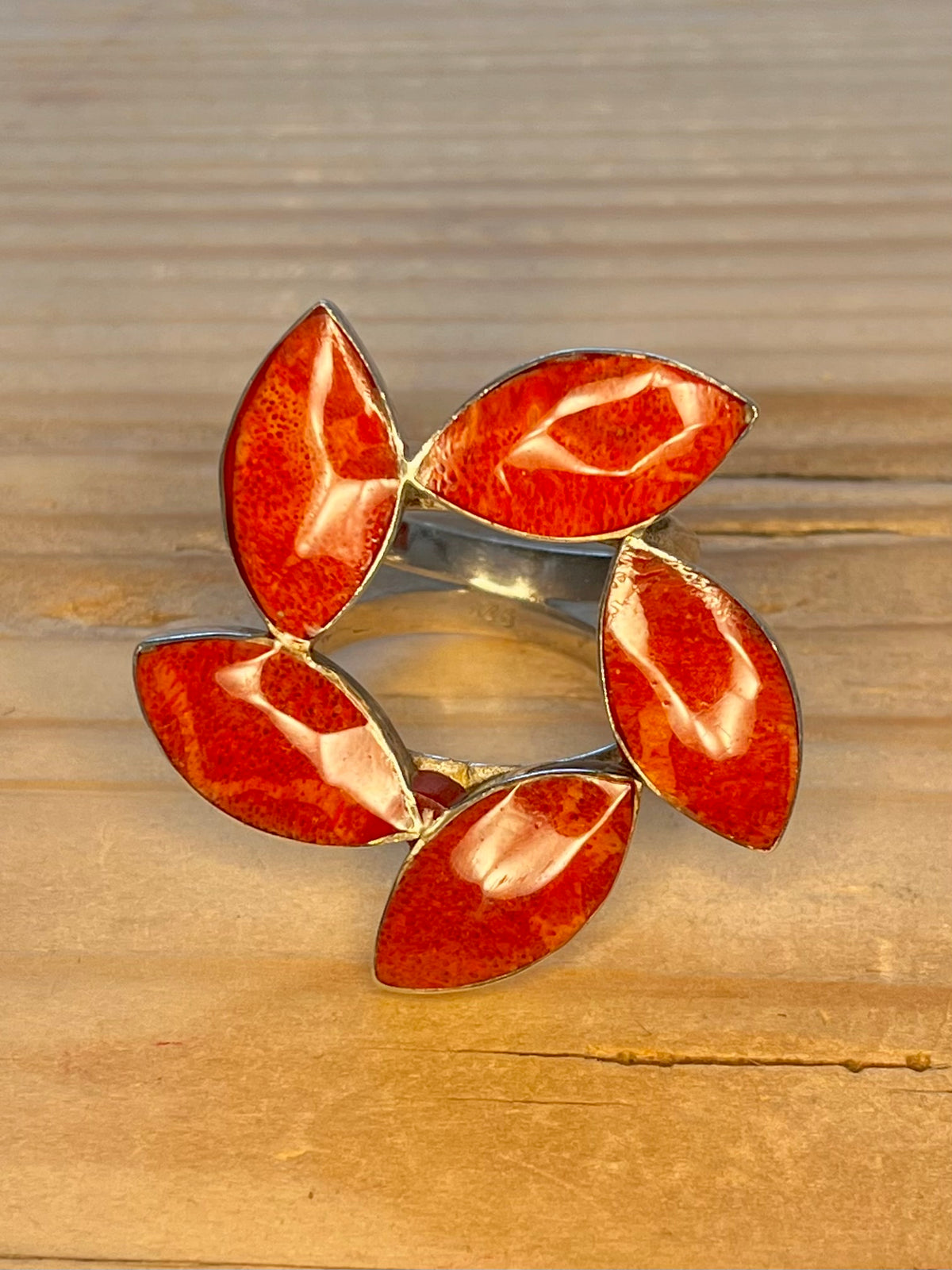 Large Coral Flower 925 Sterling Silver Size R/S Ring