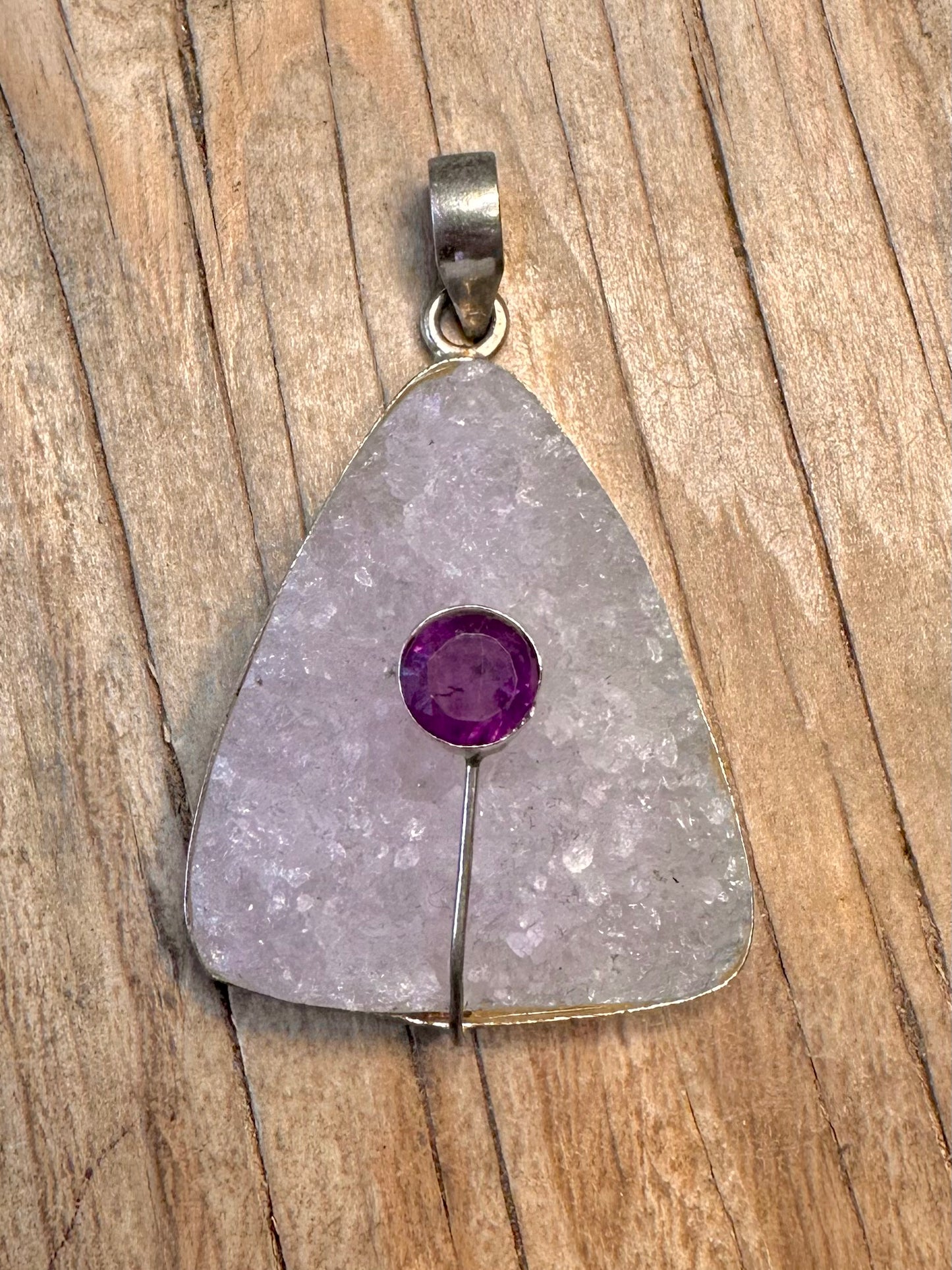 Vintage Druzy Triangle and Amethyst 925 Sterling Silver Pendant