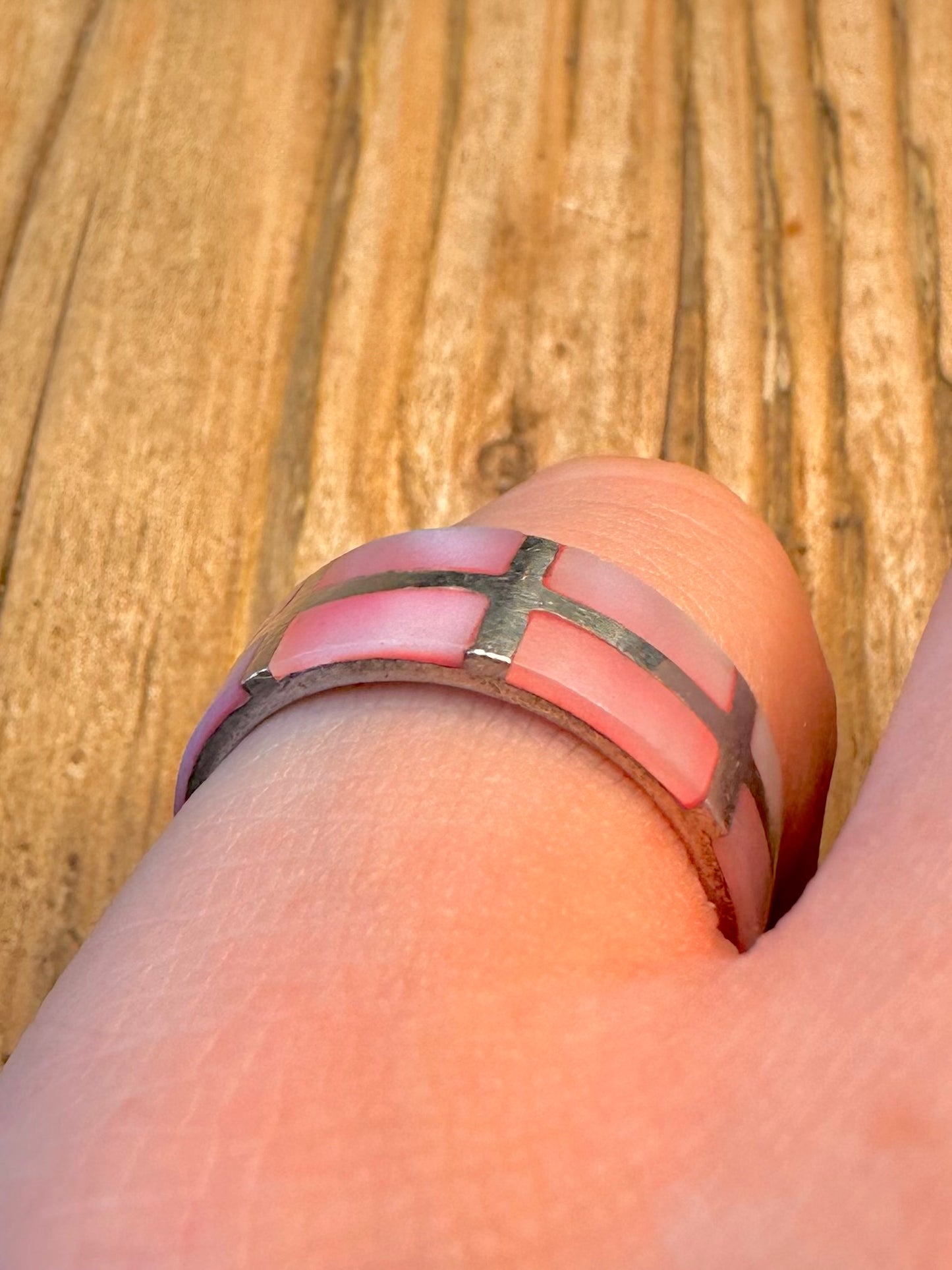 Pink Mother of Pearl Inlay Band 925 Sterling Silver Size P Ring