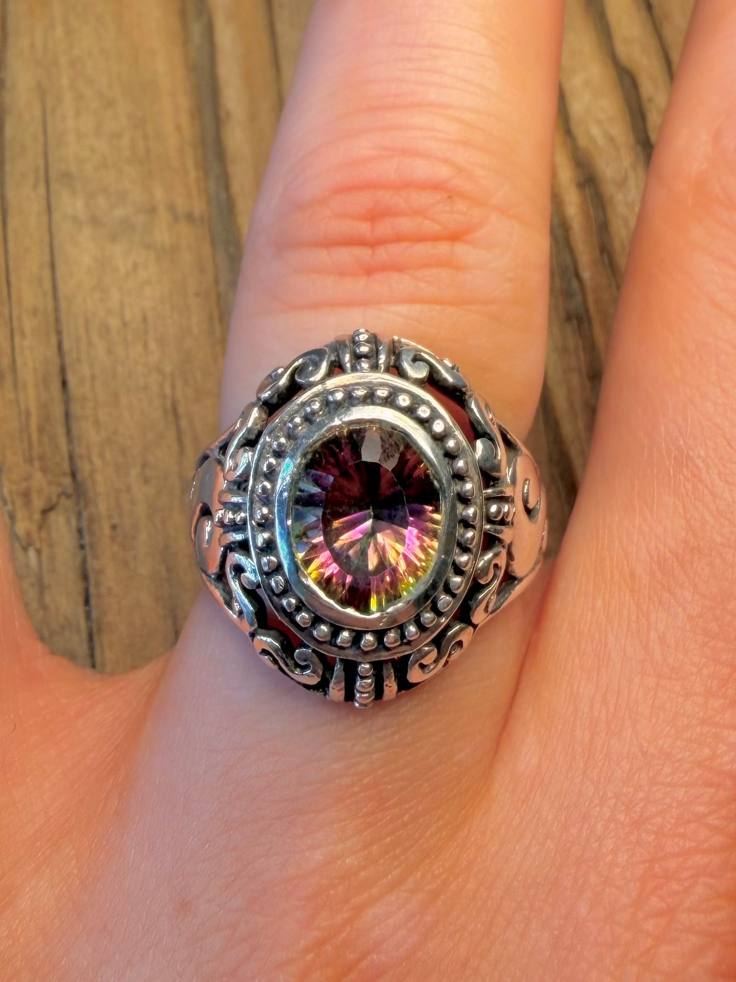 Mystic Topaz Ornate Filigree Swirl 925 Sterling Silver Size P Ring