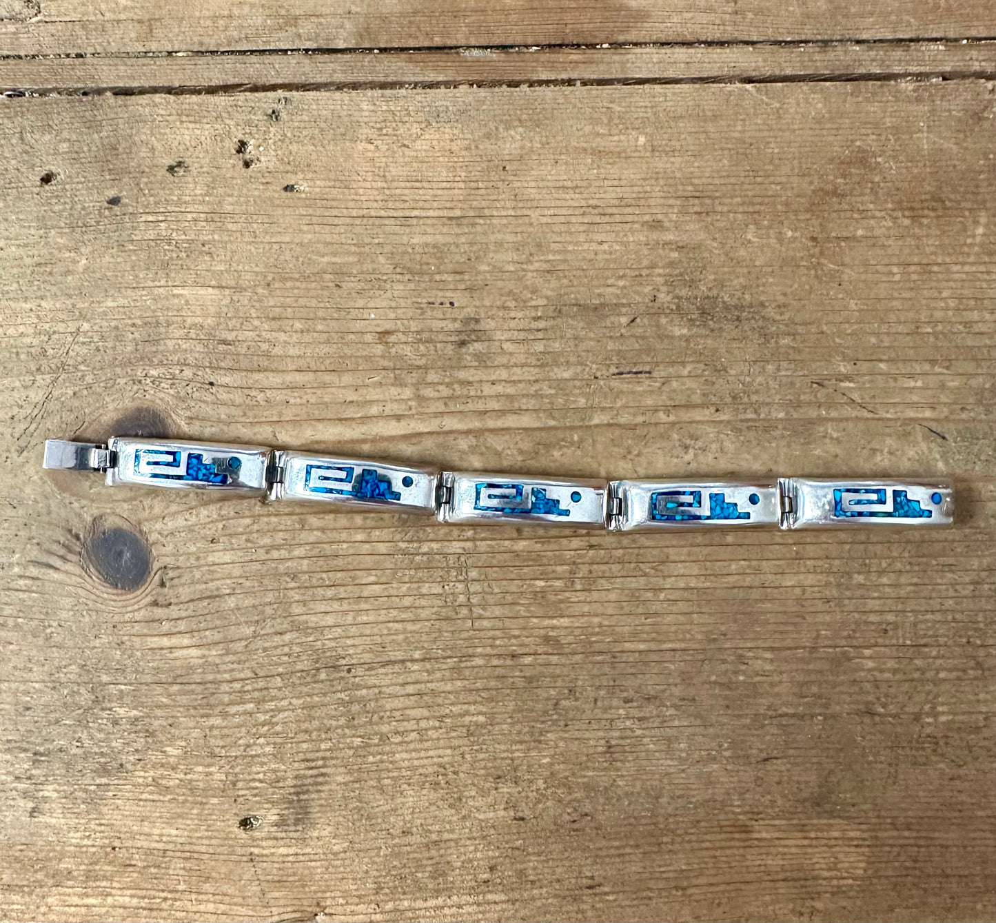 Vintage Turquoise Inlay Mexico 925 Silver 6.5 inch Bracelet