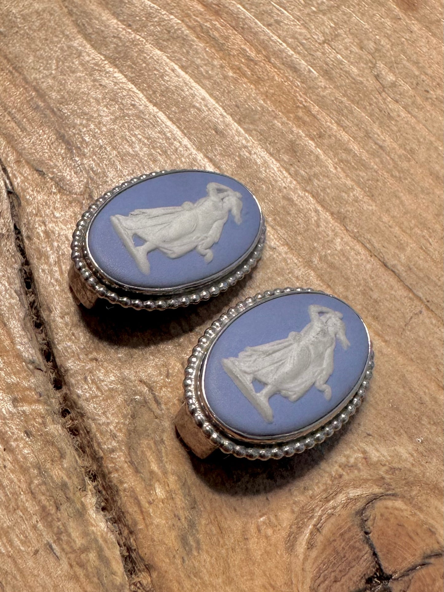Vintage 1978 Blue Wedgwood Cameo Clip on 925 Silver Earrings