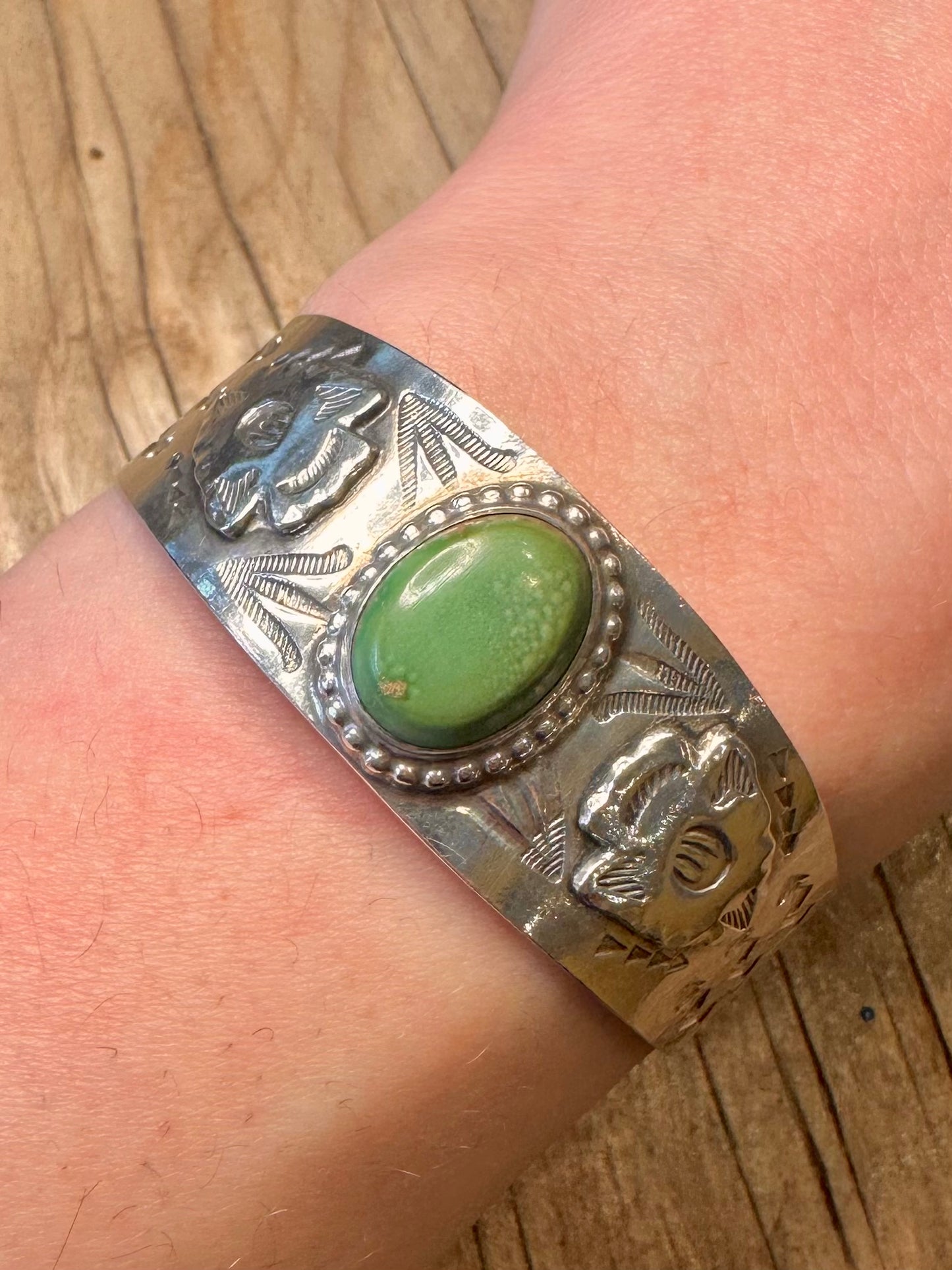 Vintage Navajo Green Turquoise Native Symbols 925 Sterling Silver Cuff Bangle