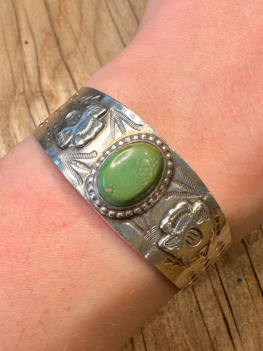 Vintage Navajo Green Turquoise Native Symbols 925 Sterling Silver Cuff Bangle