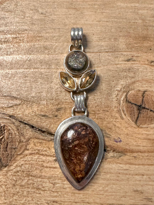 Vintage Brown Agate Druzy Citrine 925 Silver Pendant